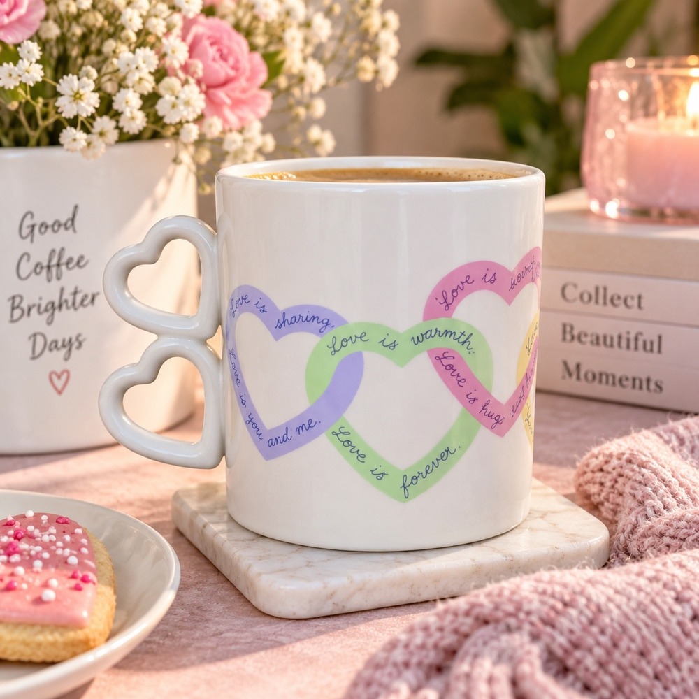 Vintage Pastel Interlocking Hearts Coffee Mug Double Heart Handle Love Quotes